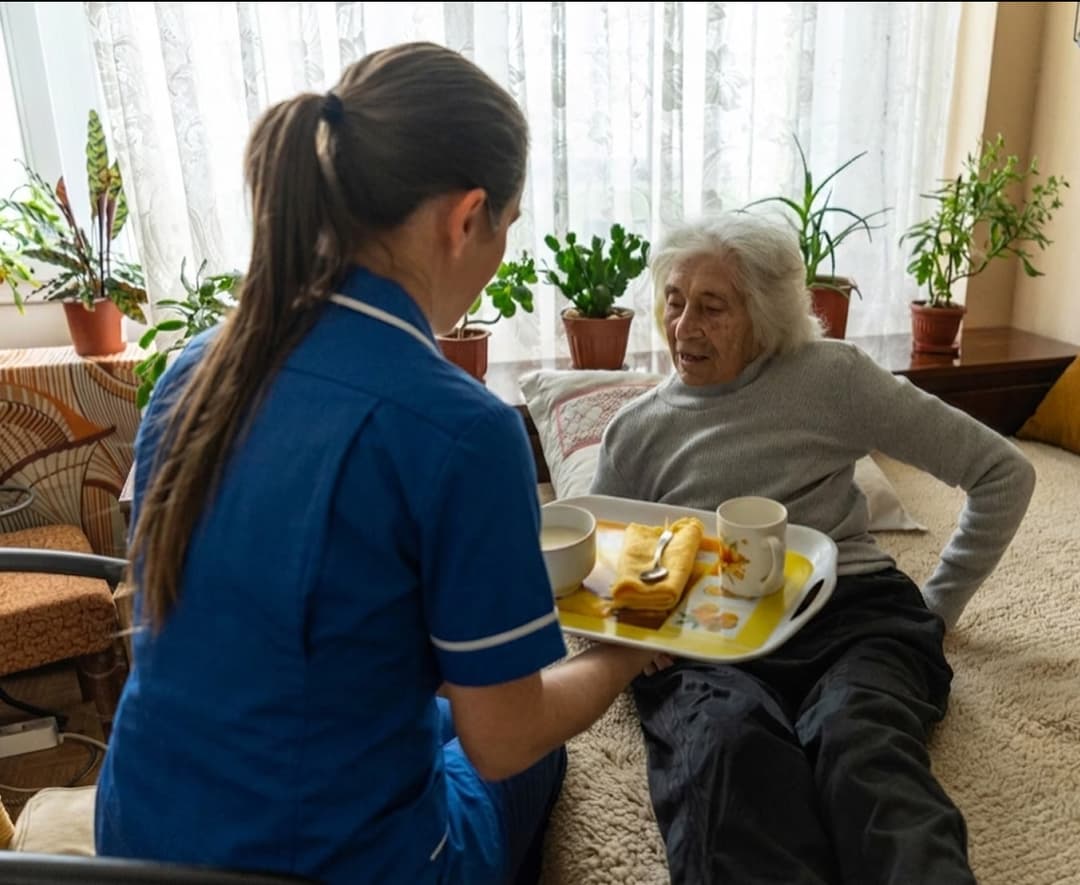 Carer supporting an elderly person comfortably at home in Sheffield