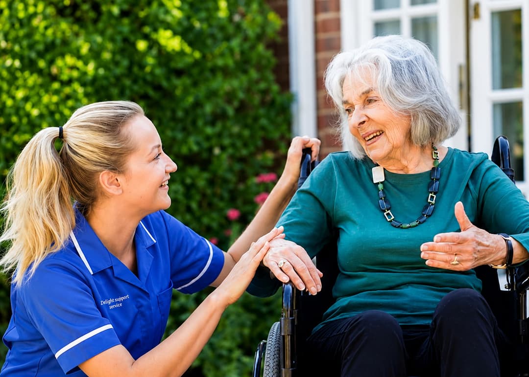 Live-in carer providing companionship to a woman in a wheelchair in Sheffield