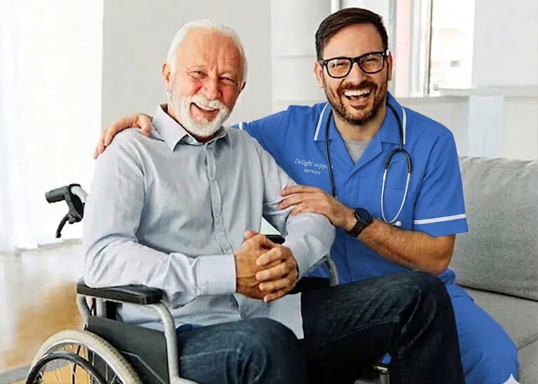Male carer sitting with an elderly man in a wheelchair at home in Sheffield