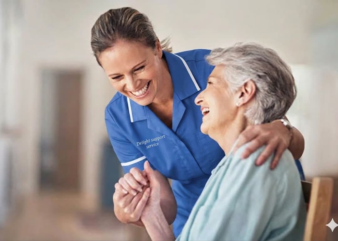 A carer sharing a warm moment with an elderly person at home