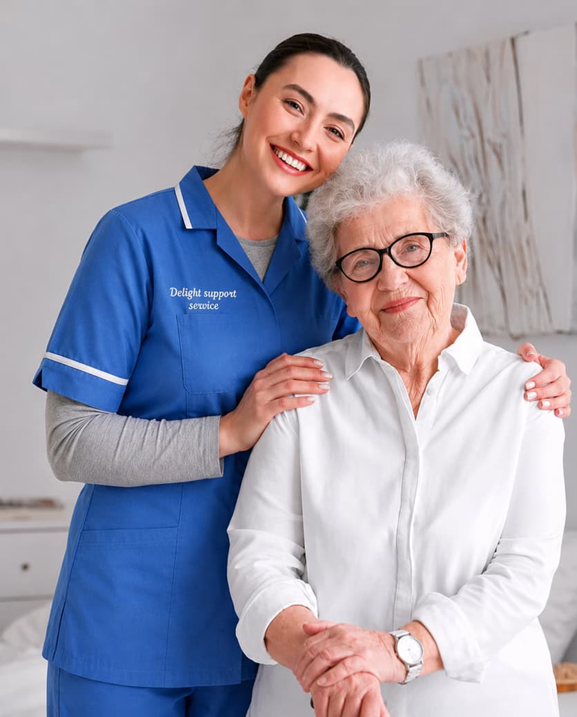 A Delight Support carer smiling with an elderly woman at her Sheffield home