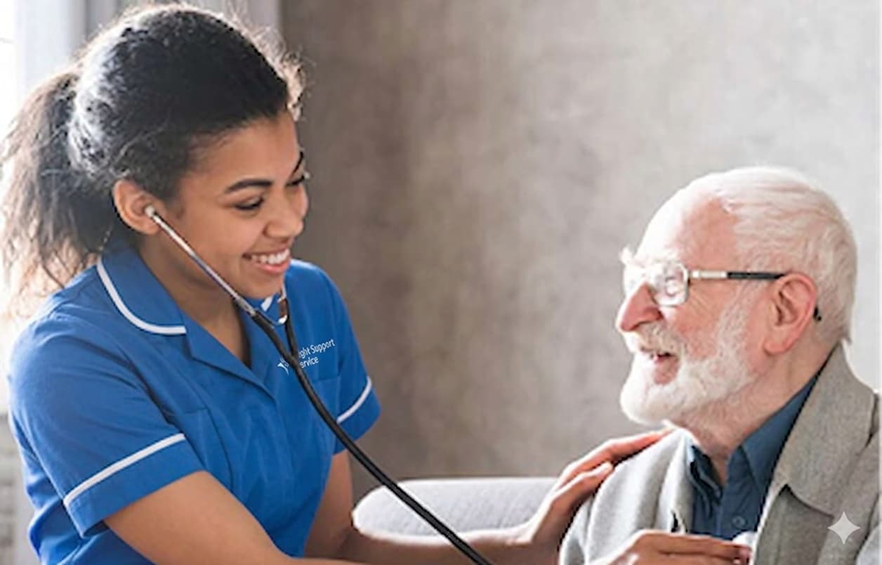 Carer walking outdoors with an elderly client in Sheffield