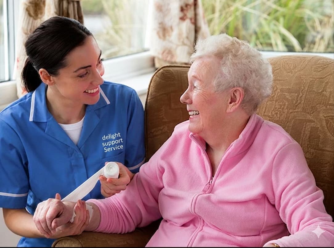 A Delight Support carer helping an elderly woman with daily tasks at her Sheffield home