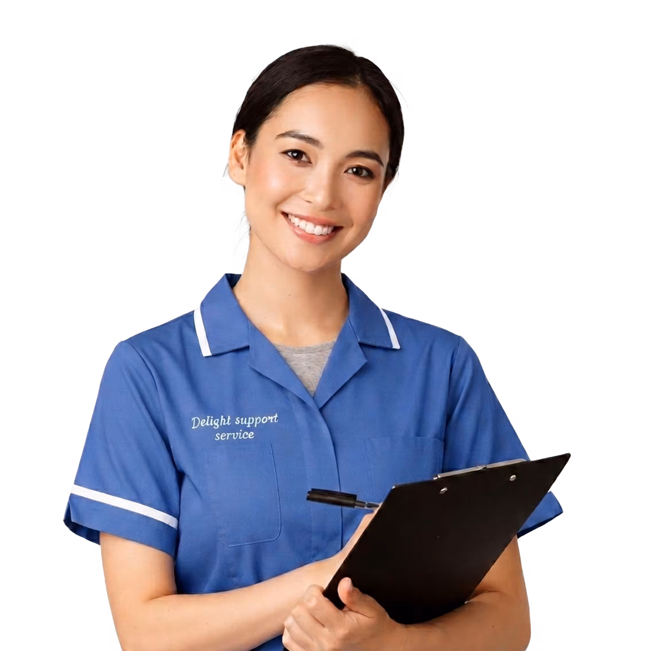 A Delight Support nurse smiling and holding a clipboard